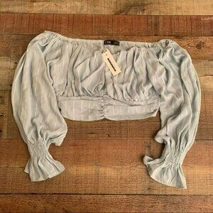 CBR chic boutique rose blue striped lightweight long sleeve crop top blouse - M